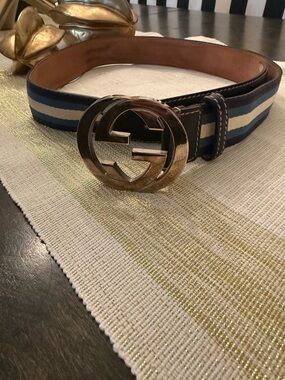 Gucci Blue, Cream & Navy Striped Leather Belt with Gold GG Buckle